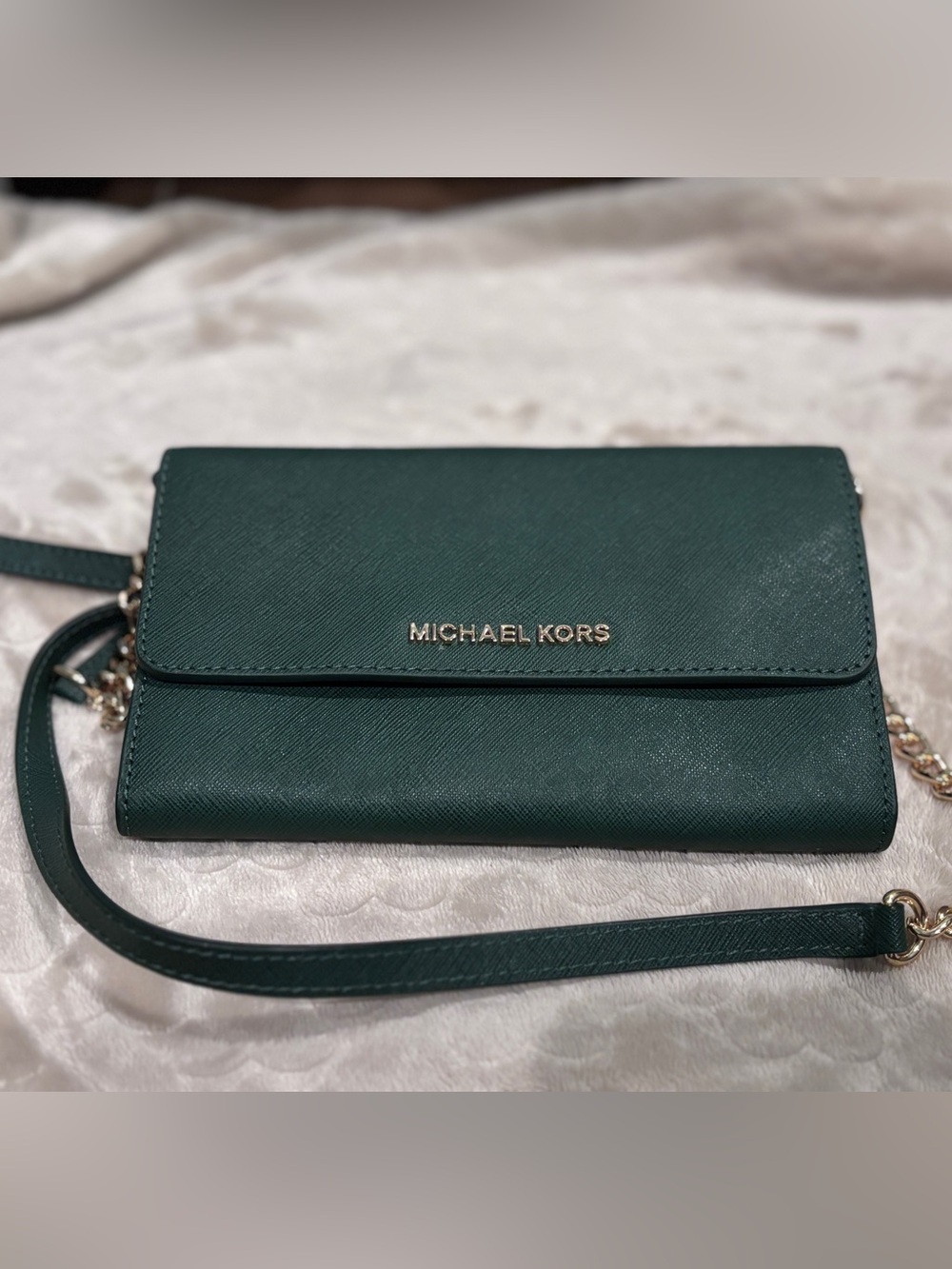 Michael Kors Dark Green Saffiano Leather Wristlet with Gold Logo